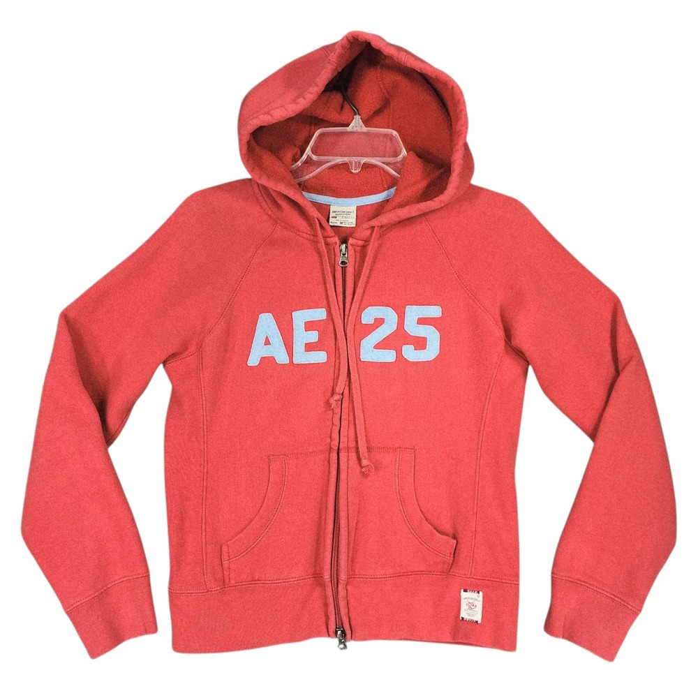American Eagle Outfitters Hoodie M AE 25 Puff Graphic Grunge Streetwear Y2K Red*
